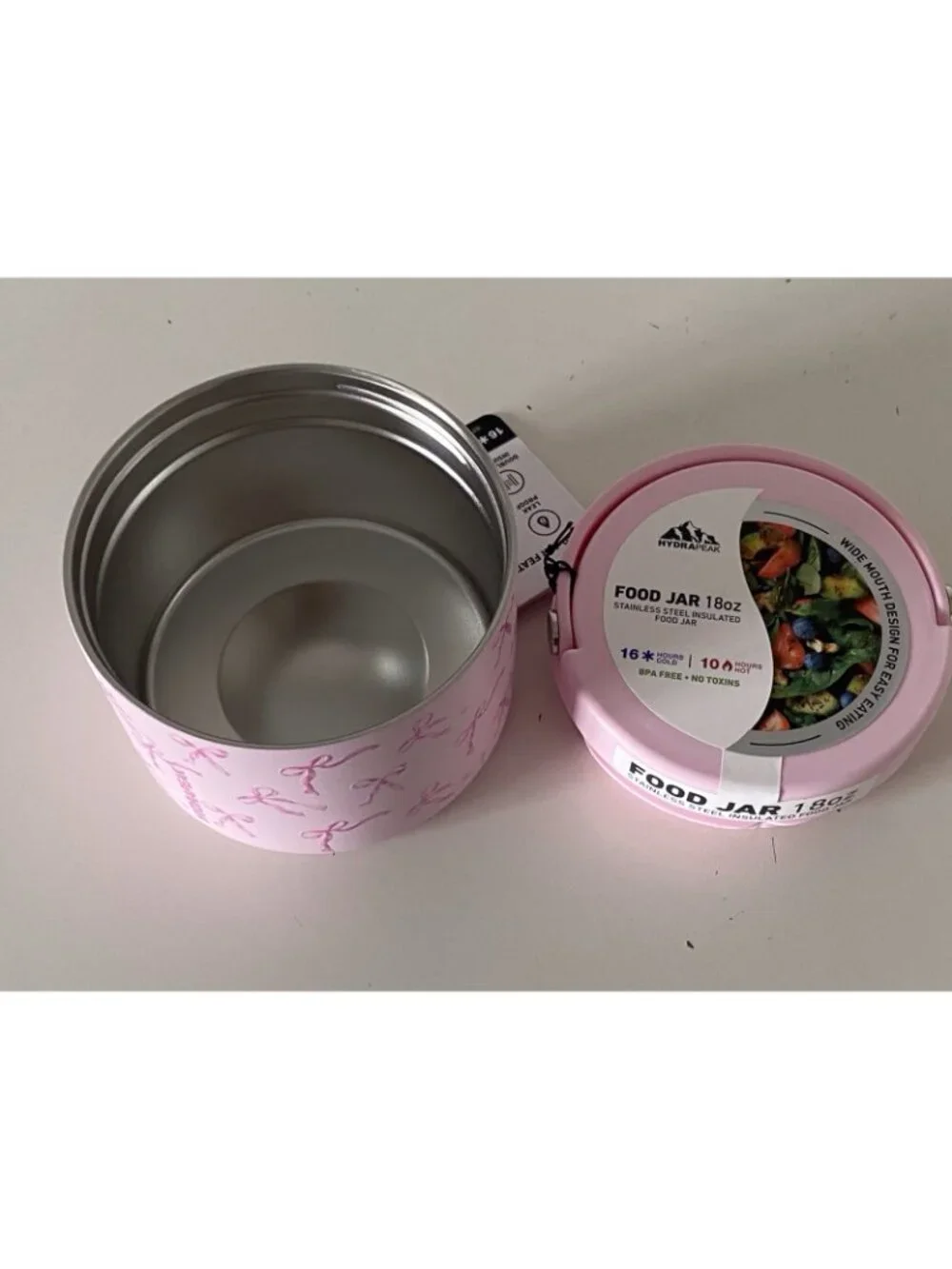Hydrapeak Insulated Food Jar 18 Oz Pink Bows Coquette Stainless Steel BPA Free